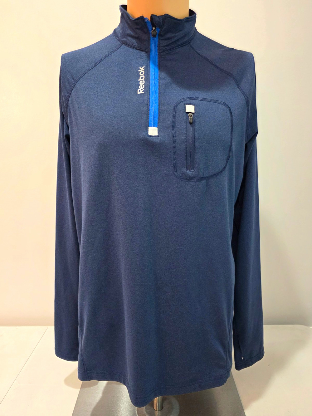 Reebok Mens Medium Blue Quarter Zip Pullover Long Sleeve Athletic Chest Pocket⁷